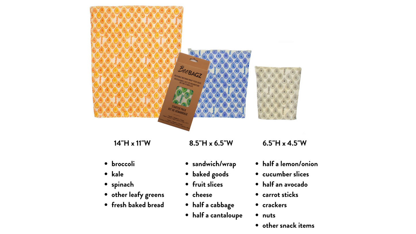 Beeswax wrap and reusable food storage bags by BeeBAGZ are a plastic free alternative to plastic wraps & ziplocked bags for your food storage needs. These beeswax wraps and beeswax wrap bags are a great eco friendly gift and can be used as food wraps, produce bags, snack bags, lunch bags or sandwich bags. Shop today!