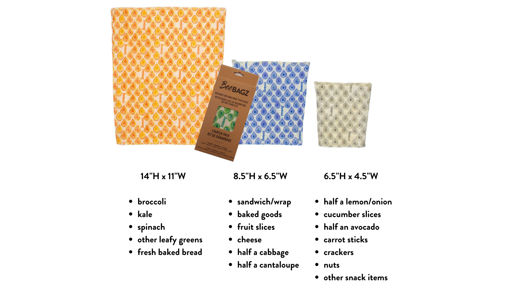 Beeswax wrap and reusable food storage bags by BeeBAGZ are a plastic free alternative to plastic wraps & ziplocked bags for your food storage needs. These beeswax wraps and beeswax wrap bags are a great eco friendly gift and can be used as food wraps, produce bags, snack bags, lunch bags or sandwich bags. Shop today!