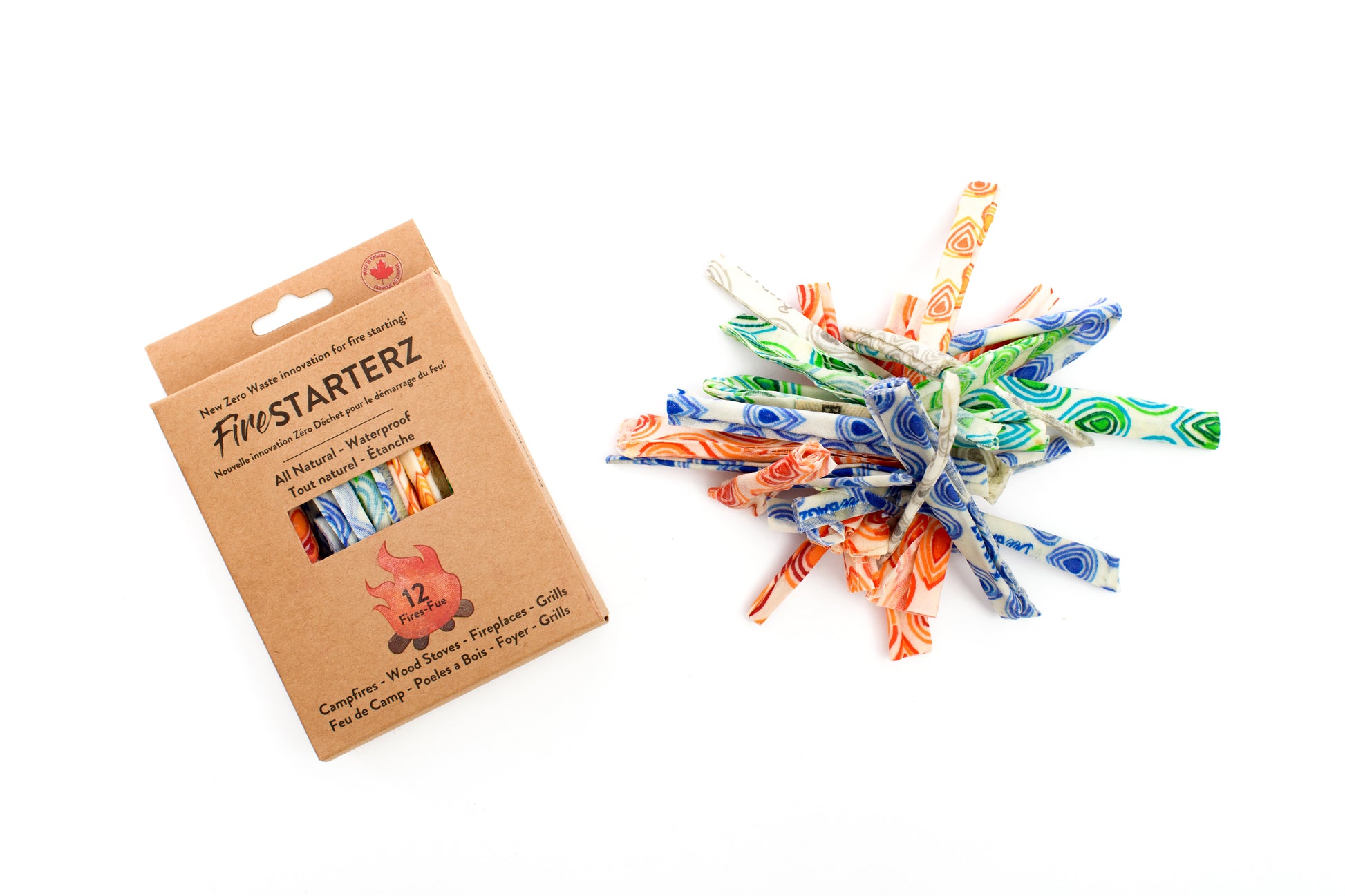 Amazing fire starter strips made from cotton fabric infused with beeswax. FireSTARTERZ™ are lightweight, water-resistant, burns chemical free and even works with wet wood! Perfect for lighting fires at home or when camping!