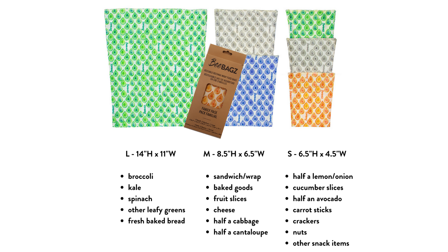 Beeswax wrap and reusable food storage bags by BeeBAGZ are a plastic free alternative to plastic wraps & ziplocked bags for your food storage needs. These beeswax wraps and beeswax wrap bags are a great eco friendly gift and can be used as food wraps, produce bags, snack bags, lunch bags or sandwich bags. Shop today!