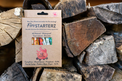 Amazing fire starter strips made from cotton fabric infused with beeswax. FireSTARTERZ™ are lightweight, water-resistant, burns chemical free and even works with wet wood! Perfect for lighting fires at home or when camping!