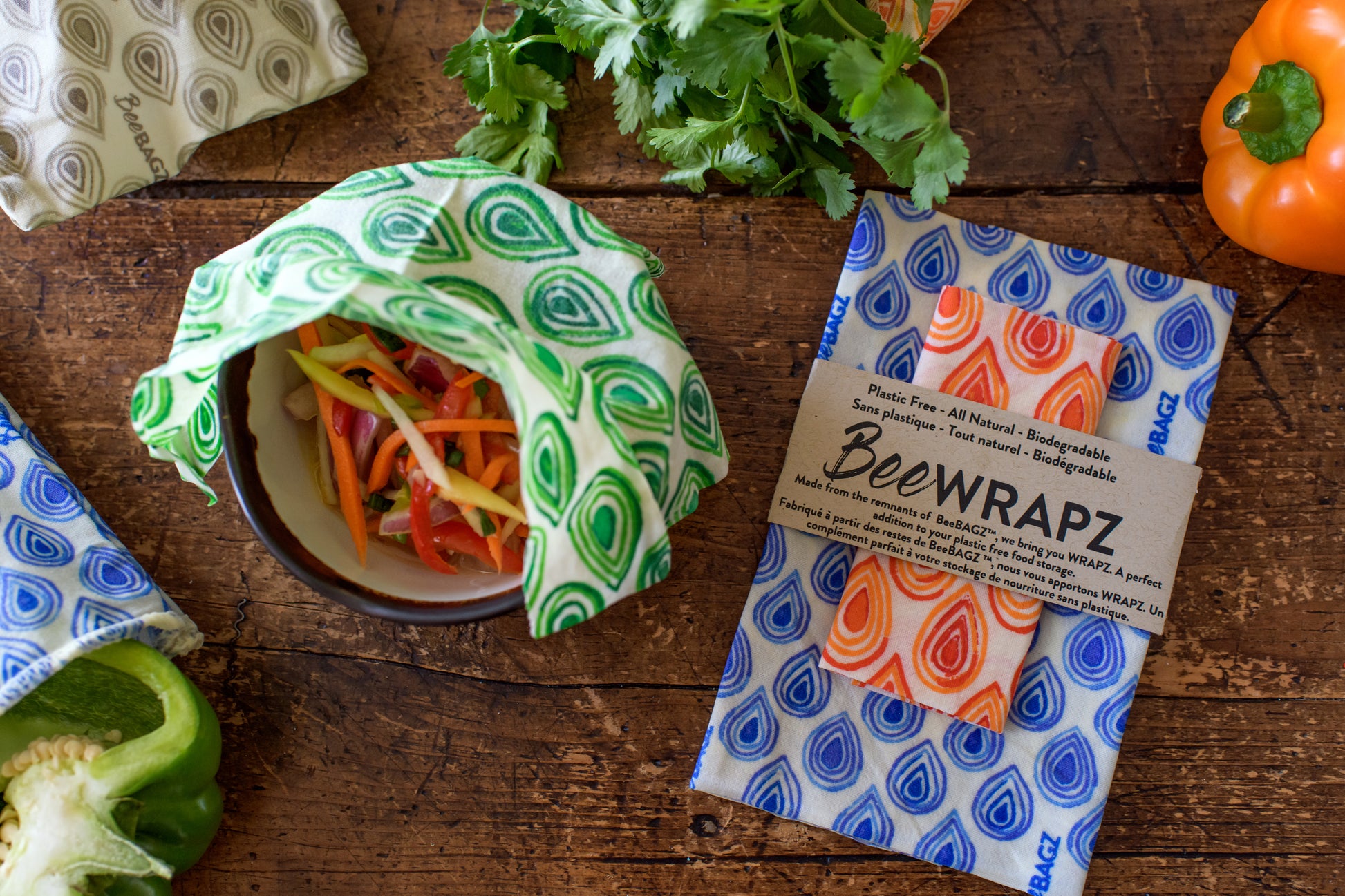 Beeswax wrap that solves your food storage needs. BeeWRAPZ™ are reusable food wraps that tightly cover the tops of cans, bowls, glasses or wrap your cut fruits and veggies keeping them fresher, longer. Another great addition to your plastic free food storage lineup.